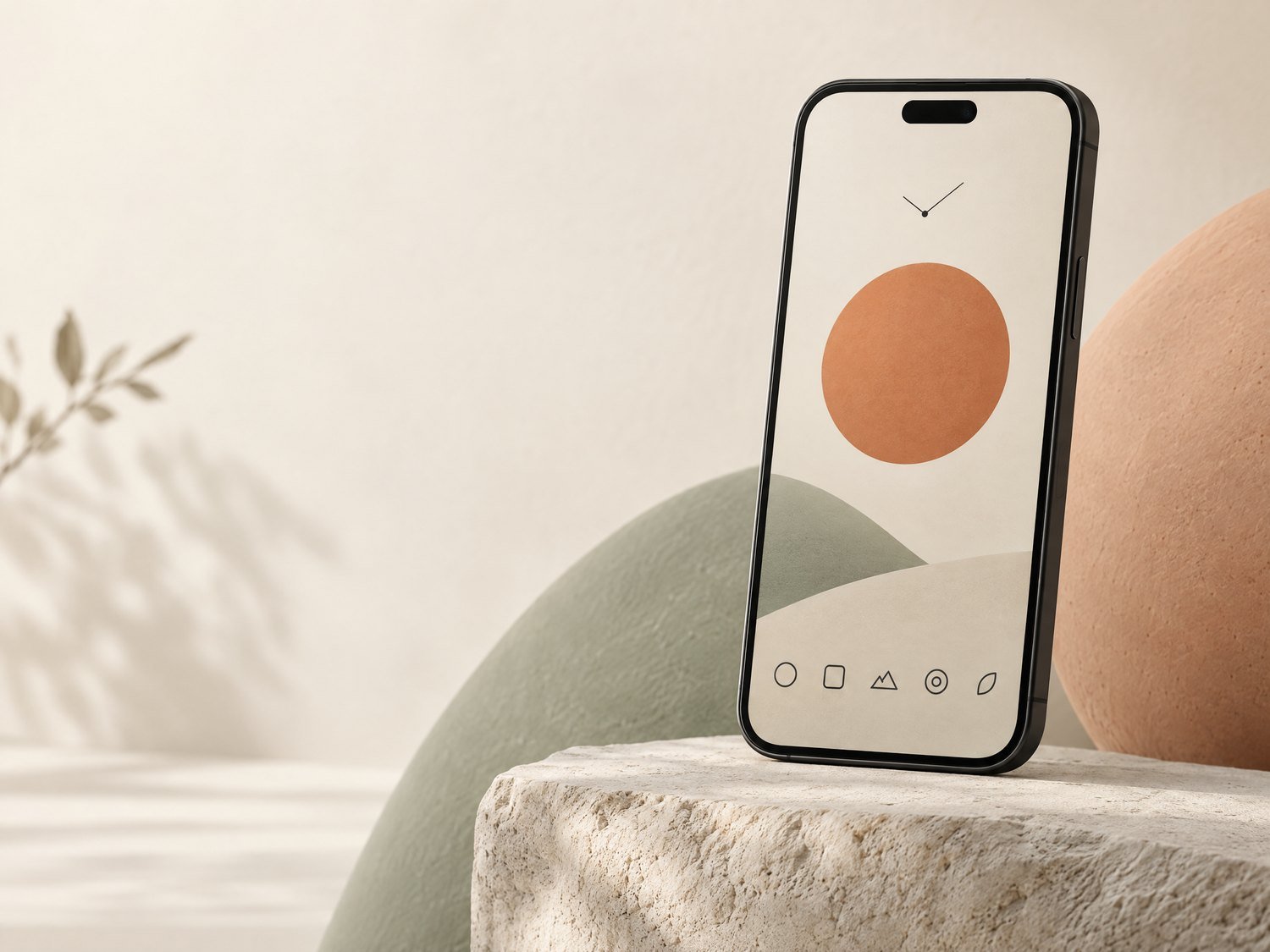 A minimalist Android home screen on a dark phone, with simple icons and a warm orange accent