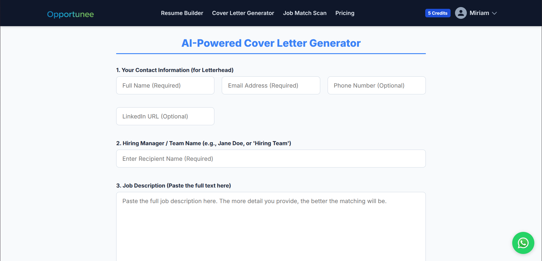 AI cover letter generator screenshot